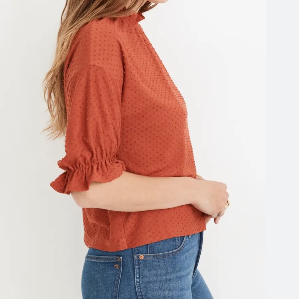 Madewell Texture and Thread Rust Clip Dot Ruffle Top